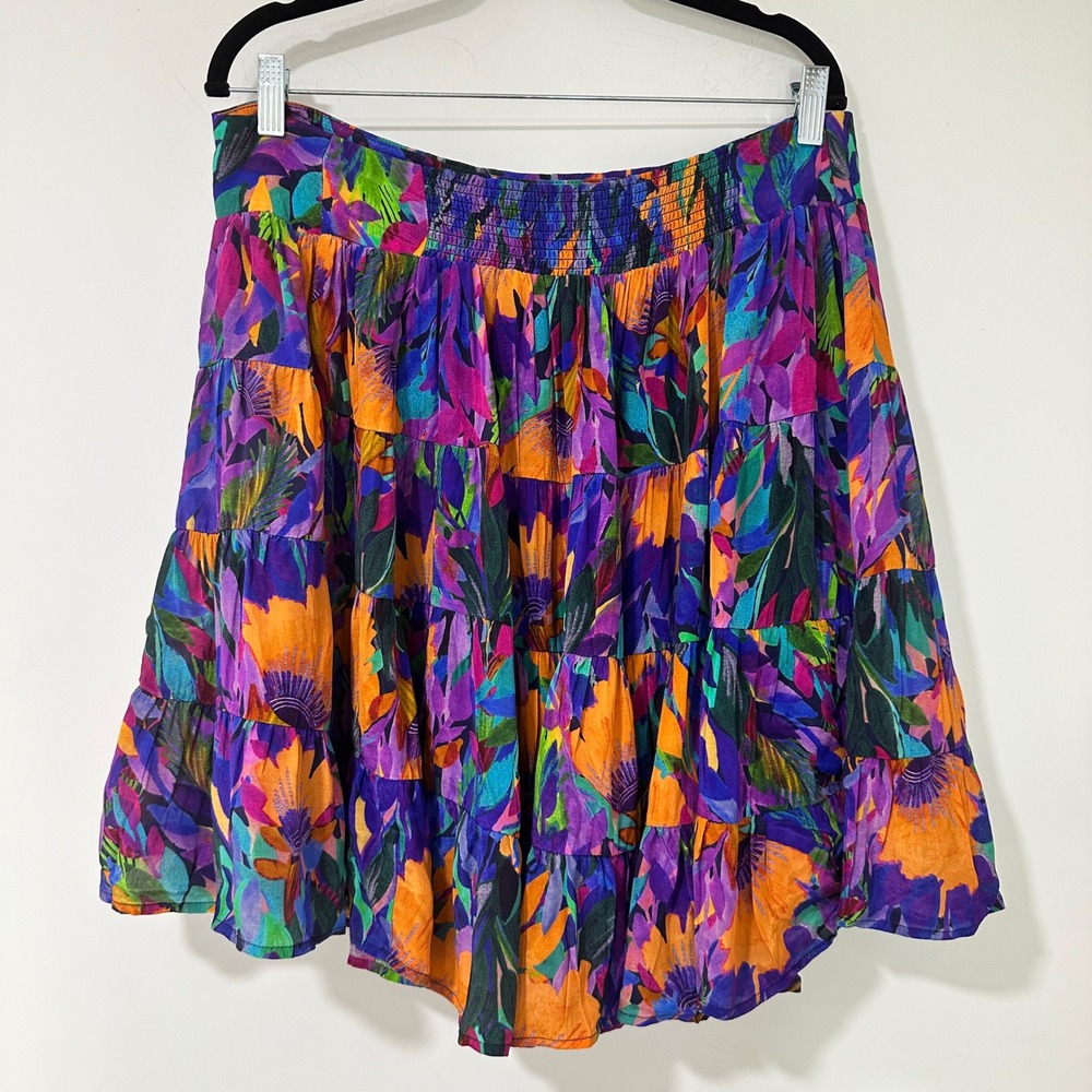 Anthropologie Danielle Duer Floral Tiered Mini Skirt Womens 1X Purple Multi Boho